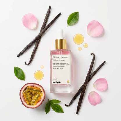 Huile apaisante après-rasage naturelle Kelya® en flacon de 90ml, montre une bouteille en verre avec un bouchon.